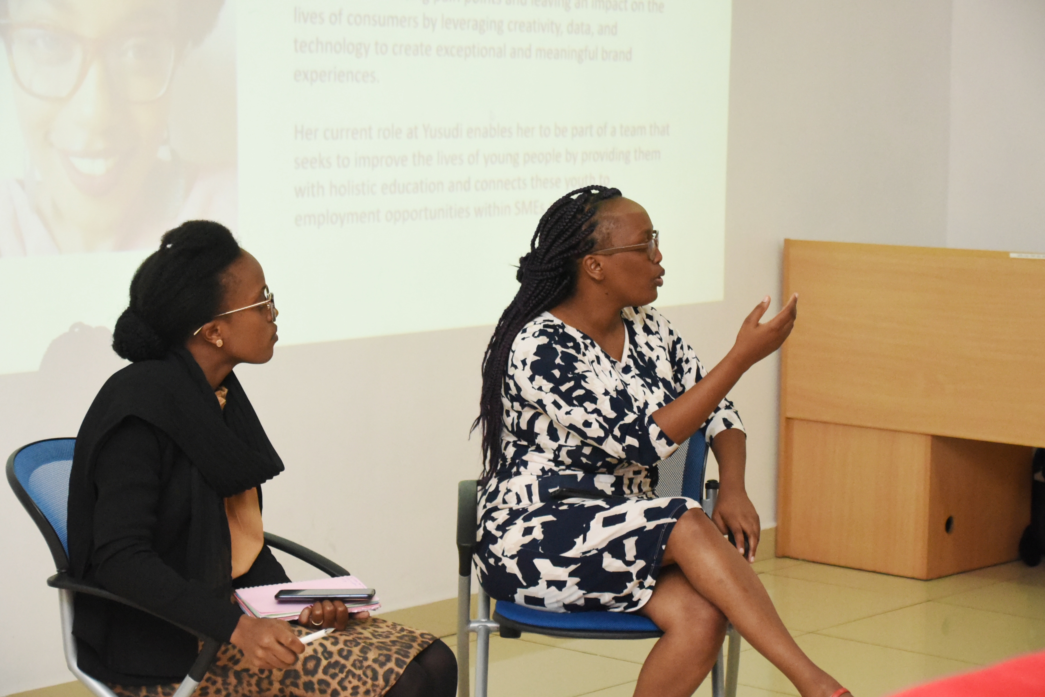 Ivy Njeri from Yusudi (left) with Nelly from Fuzu during a talk on How to Plan your Career Growth